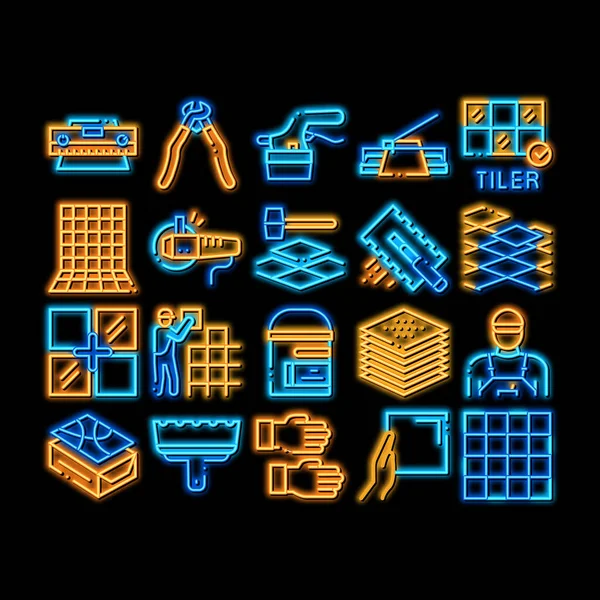 Tiler Work Equipment Neon Licht Teken Vector Gloeiend Helder Pictogram — Stockvector