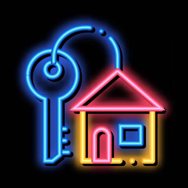 Key With Keyfob In Building Form neon glow icon illustration — Stock Vector