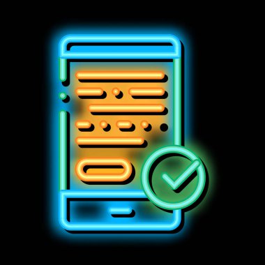 Akıllı Telefon Görüntüleme ve Onaylanmış Mark Neon ışık işareti vektörü. Parlak parlak simge şeffaf sembol çizimi