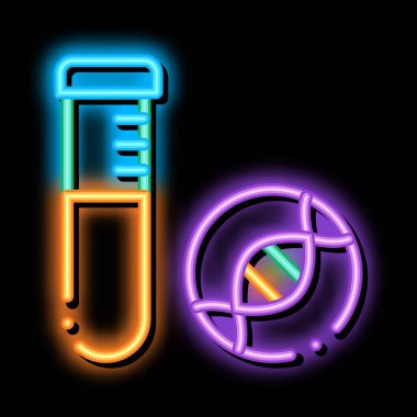 Sıvı biyomateryal neon ışığı vektörlü cam şişe. Parlak parlak simge şeffaf sembol çizimi