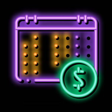 Finansal Takvim ve Dolar Bozukluğu neon ışıklı işaret vektörü. Parlak parlak simge şeffaf sembol çizimi