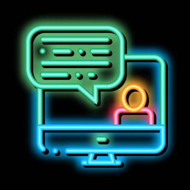 Bilgisayar Ekranı ve Avatar Internet neon ışık işareti vektörünü tartışıyor. Parlak parlak simge şeffaf sembol çizimi