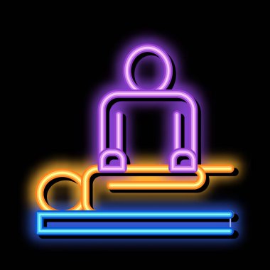 Hasta silueti neon ışığı vektörlü ortopedik masör. Parlak parlak simge şeffaf sembol çizimi