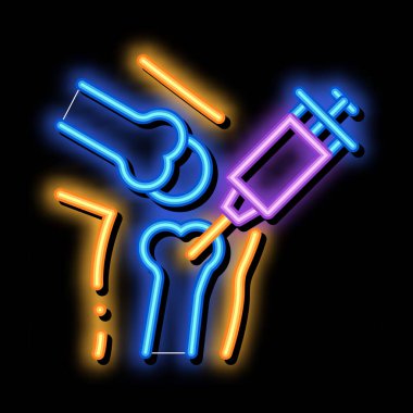 Şırınga enjeksiyonu aşısı Kemik neon ışığı işareti vektöründe. Parlak parlak simge şeffaf sembol çizimi