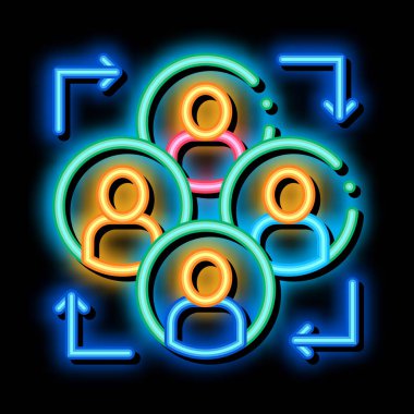 İnsan siluetleri ve ok çevik elementi neon ışığı vektörü. Parlak parlak simge şeffaf sembol çizimi