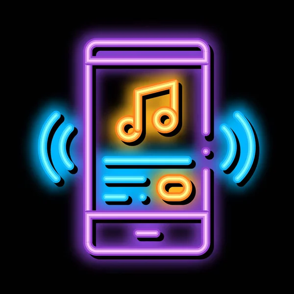 音楽の歌を聞くスマートフォンネオンサインベクトルで 明るいアイコンの透明記号のイラストを光る — ストックベクタ