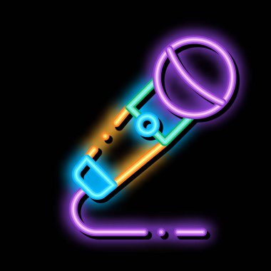 Şarkı söyleyen neon ışığı vektörü için modern radyo mikrofon cihazı. Parlak parlak simge şeffaf sembol çizimi