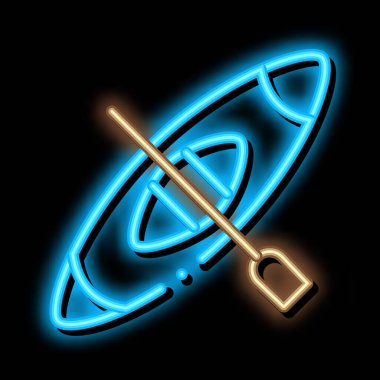 Kayak kanosu neon ışığı vektörü. Parlak simge işareti. şeffaf sembol çizimi