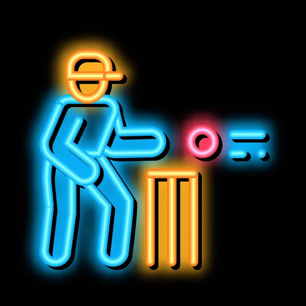 Gracz krykieta Rzucanie kulą neon blask ikona ilustracja — Wektor stockowy
