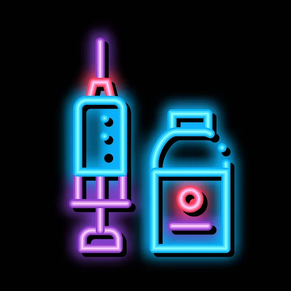 Fecskendő és gyógyszer főzőpohárban neon világítás ikon illusztráció — Stock Vector