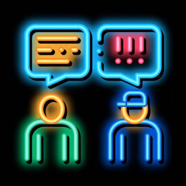 Adam konuşuyor, Subay neon ışığı vektörü. Parlak ikon Adam Konuşma Subayı işareti. şeffaf sembol çizimi