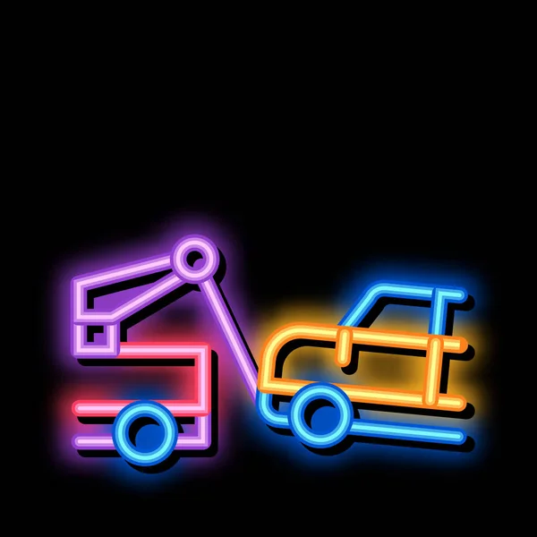 Holowanie Złamany Samochód Neon Światła Wektor Znaku Świecąca Ikona Holowania — Wektor stockowy