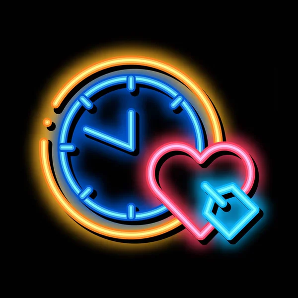 Klok Time Heart Neon Lichtsignaal Vector Gloeiend Helder Icoon Klok — Stockvector