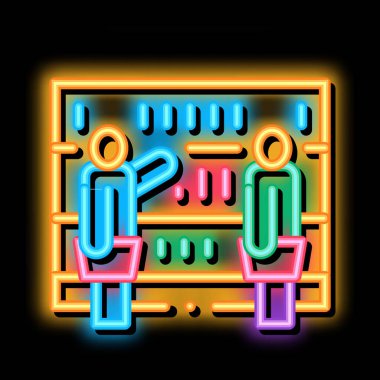 Müşteriler Neon ışığı vektörüne karşı koyuyor. Parlak ikon müşteri sayacı işareti. şeffaf sembol çizimi