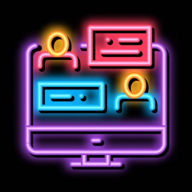 Çevrimiçi Tartışma Neon Işık İşareti Vektörü. Parlak ikon Çevrimiçi Tartışma işareti. şeffaf sembol çizimi