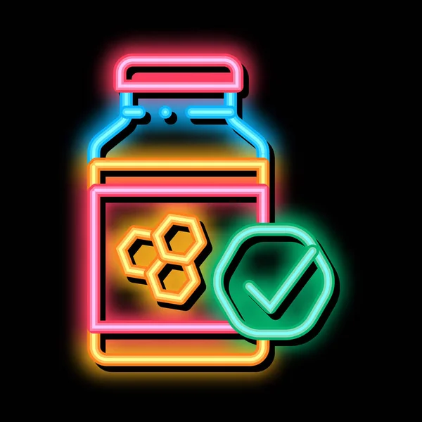 Cukorpalack Neon Fényjelző Vektor Ragyogó Fényes Ikon Honey Bottle Jel — Stock Vector