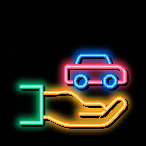 Hand Holding Auto Neon Vettore Luce Segno Brillante Icona Luminosa — Vettoriale Stock