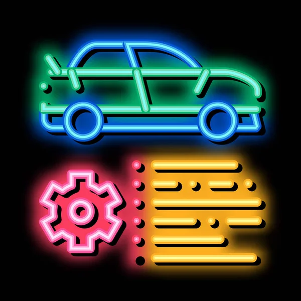 Caratteristica Auto Gear Neon Luce Segno Vettore Brillante Icona Luminosa — Vettoriale Stock