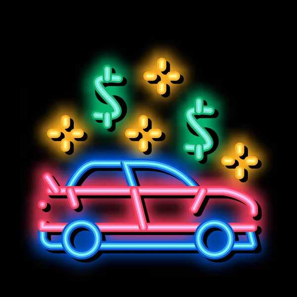 Auto Dollaro Mark Neon Luce Segno Vettore Brillante Icona Luminosa — Vettoriale Stock