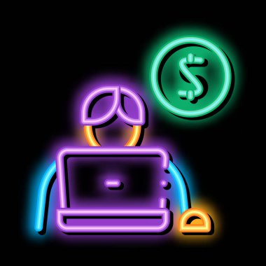Dizüstü bilgisayarın neon ışıklı ışık vektörü. Parlak ikon Adam Laptop Sikkesi izometrik işareti. şeffaf sembol çizimi