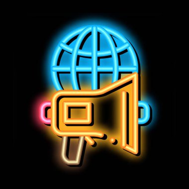 Hoparlör Globe 'un neon ışığı vektörü. Parlak ikon hoparlör Globe izometrik işareti. şeffaf sembol çizimi