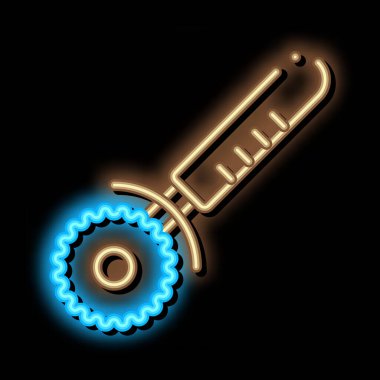 Pizza Bıçağı neon ışığı vektörü. Işıldayan ikon Pizza Bıçağı izometrik işareti. şeffaf sembol çizimi