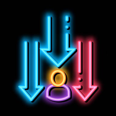 Adam aşağı ok neon ışıklı işaret vektörü. Işıldayan parlak ikon Man Down Arrows izometrik işareti. şeffaf sembol çizimi