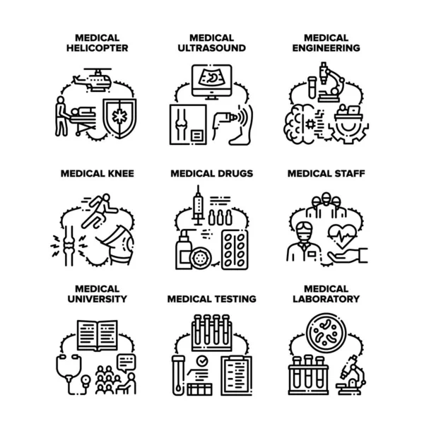 Illustrazione nera del vettore delle icone dell'insieme di ingegneria medica — Vettoriale Stock