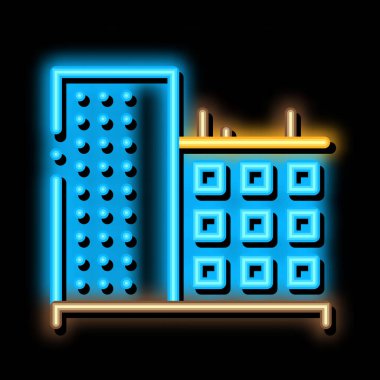 Çok katlı bina neon ışığı vektörü. Parlak simge, çok katlı bina tabelası. şeffaf sembol çizimi