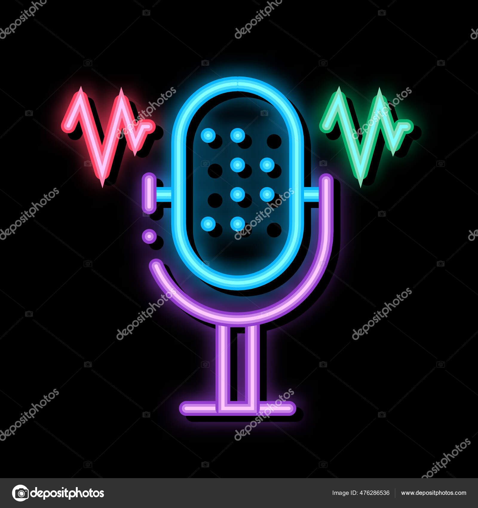Microphone Waves Neon Light Sign Vector Glowing Bright Icon Microphone