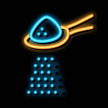 Bir kaşık dolusu şeker neon ışığı vektörü. Parlak ikon şeker kaşığı işareti. şeffaf sembol çizimi
