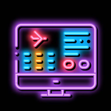 Uçuş Bilgileri Web Sitesi neon ışığı vektörü. Bilgisayar Ekranında Parlak Simge Uçuş Bilgileri Doğrusal Görüntü Grafiği. Hava Taşıyıcı Uçak işareti. şeffaf sembol çizimi