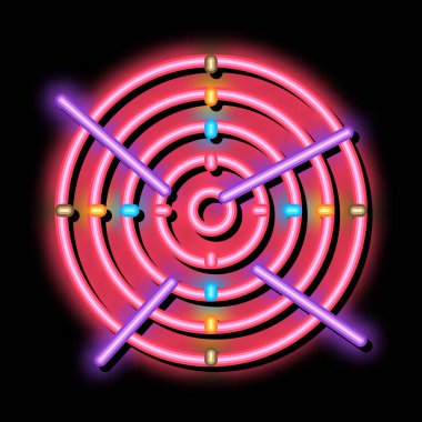 Okçuluk Hedefi ve Neon ışıklı ok vektörü. Parlak ikon turnuvası ya da Rekabet Etkinliği Spor Aletleri tabelası. şeffaf sembol çizimi