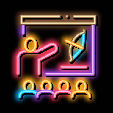 Okçuluk Dersi Neon ışığı vektörü. Okun ve yayın üzerinde parlayan parlak ikon öğretmeni tahtada belirtilmiştir. şeffaf sembol çizimi
