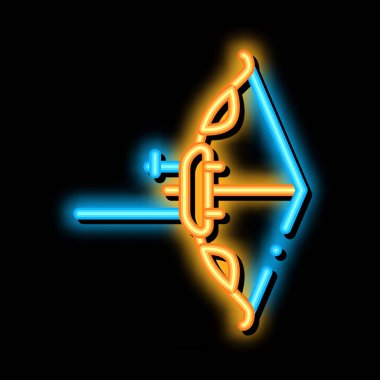 Modern Yay ve Ok Aracı neon ışıklı işaret vektörü. Işıldayan parlak ikon okçuluk spor aletleri yay konsepti çizgisel resim. Dart Uzunyay Mühimmat İşareti. şeffaf sembol çizimi