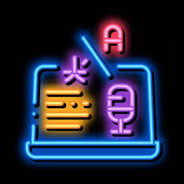 Laptop Çeviri Programı neon ışık işareti vektörü. Dizüstü bilgisayarda parlayan parlak ikon mikrofon, İnternet Tercüman Teknolojisi tabelası. şeffaf sembol çizimi