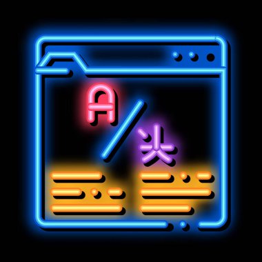 Çevrimiçi Web Sitesi Çevrimiçi Çevrimiçi Çevirici Neon Işık İşareti Vektörü. Çeviri işareti için parlak ikon internet çeviricisi, tarayıcı ve siber uzay. şeffaf sembol çizimi