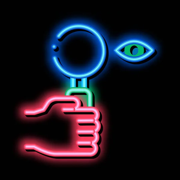 Ilustración de icono de brillo de neón de investigación óptica de ojo humano — Archivo Imágenes Vectoriales