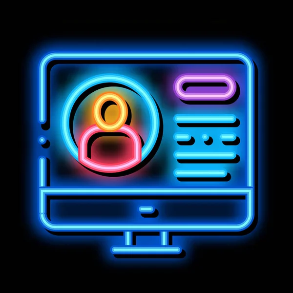 Informações pessoais do computador sobre pessoa neon brilho ícone ilustração — Vetor de Stock