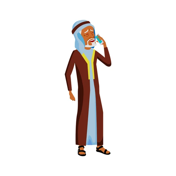 Happy islamic grandfather talk with daughter on cellphone cartoon vector — Stock Vector