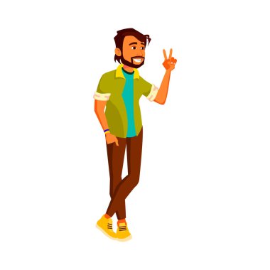 Ortak parti karikatür vektöründe meslektaşlarına barış işareti yapan mutlu bir adam.