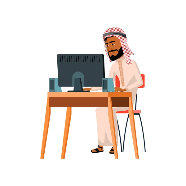 Arabic man support service worker online consultation on computer cartoon vector — Stock Vector