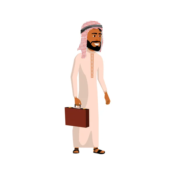 Hombre saudí hombre de negocios con caso en conferencia vector de dibujos animados — Vector de stock