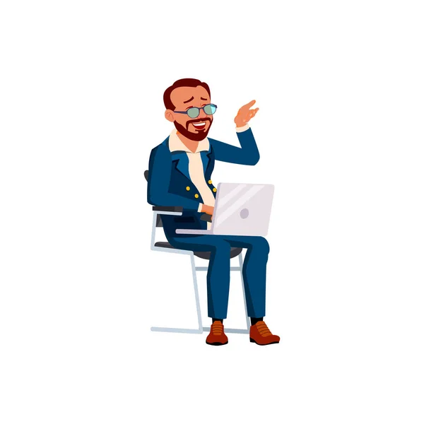 Dospělý muž smích z firemního videa na obrazovce notebooku karikatura vektor — Stockový vektor