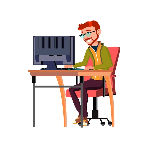 Jovem homem procurando trabalho no computador cartoon vector — Vetor de Stock