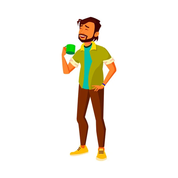 Jeugd man drinken van koffie en luisteren grappig verhaal in kantine cartoon vector — Stockvector