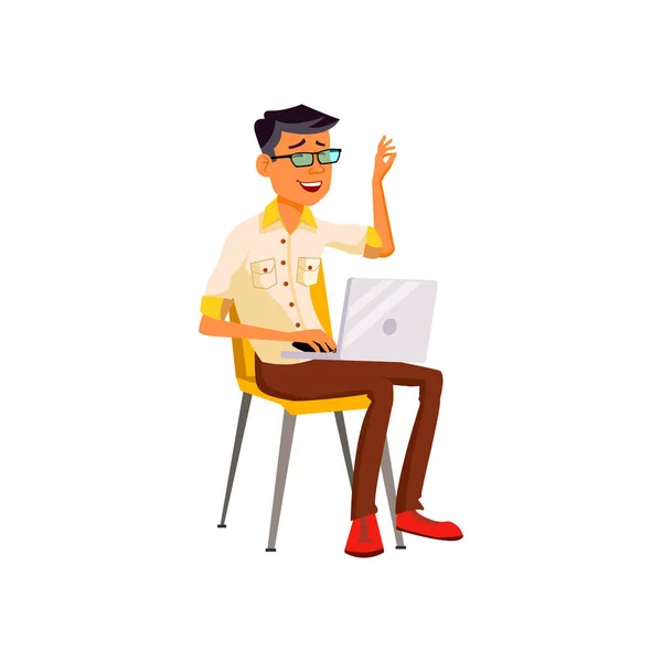 Aziatische man lachen van schattig dier foto op laptop cartoon vector — Stockvector