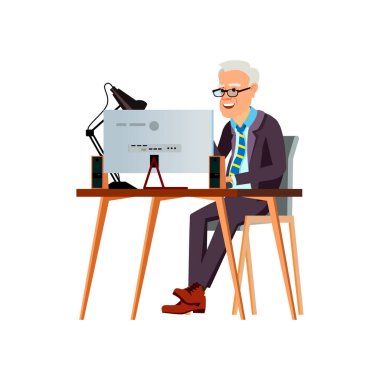 Mutlu olgun adam bilgisayar karikatür vektörü üzerine komik bir kitap okuyor.
