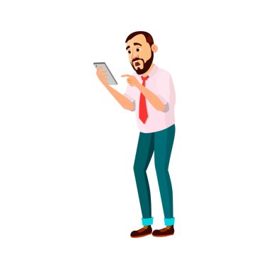 Kafkasyalı şef akıllı telefon karikatür vektöründe SMS mesajı okuyor.