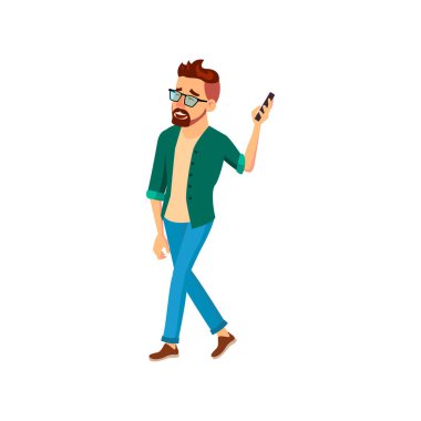 Mutluluk duyguları olan beyaz sakallı bir adam taşınabilir oyuncu çizgi film vektöründeki şarkıları dinler.